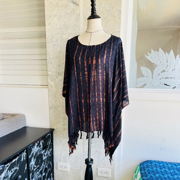 0106/ Black Brown Poncho, Swim Cover up,  Loose Tunic - Picture 2 of 9